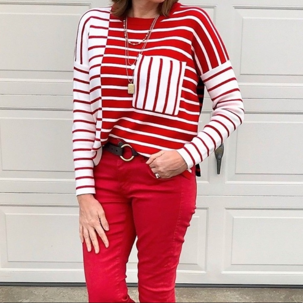 CAbi Pocket Pullover 5635 Stripe Size Medium Red White Black